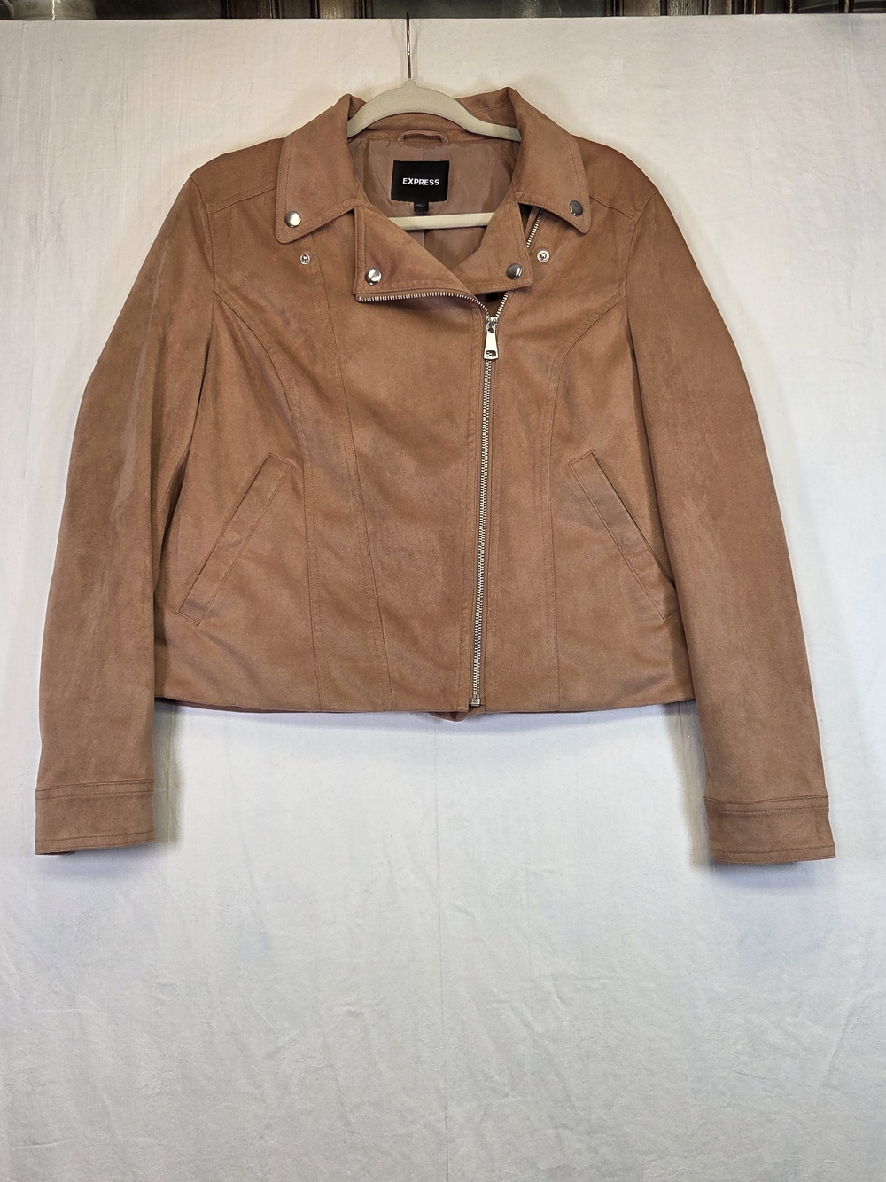 Express Tan Faux Suede Moto Jacket Women’s L. #0386